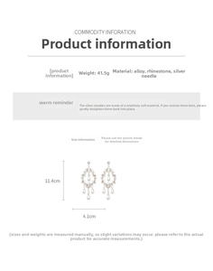 Detailed size chart showing rhinestone tassel earrings dimensions and materials