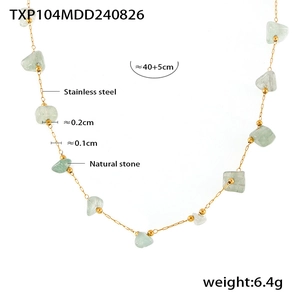 Detailed specs of stainless steel necklace with green natural stone and length dimensions