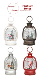 Detail of vintage Christmas water lanterns with snowmen, reindeer, and Santa scenes