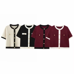 Short sleeve knit cardigans with gold buttons in four contrast colors for women
