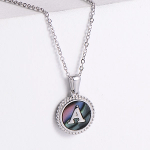 Alphabet Pendant Necklace Stainless Steel Round Embossed Coin Colorful Mother Of Artificial Pearl Iridescent Fashion Jewelry For Women