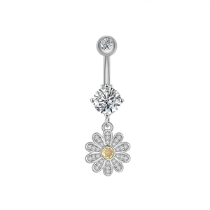 Silver belly button ring with daisy pendant and sparkling yellow zircon crystal