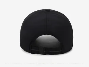 Detailed back view of black baseball cap featuring an adjustable strap and buckle