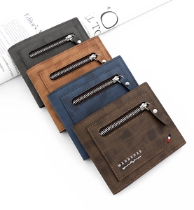 Close-up of four colors of men's wallets with cross-grain texture and zipper pocket