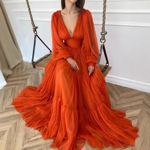 Robe De Soirée Élégante En Mousseline Orange Col En V Profond Manches Lanternes Plissée Longue Pour Femmes