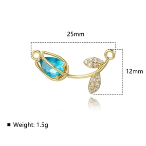 Golden tulip connector for DIY jewelry with blue gemstone and dimensions marking