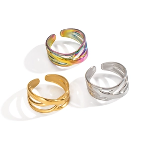 Three-piece geometric stainless steel ring set in gold, silver, and colorful finishes