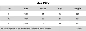 Detailed size guide table for backless halter neck slim long dress showing S, M, L dimensions