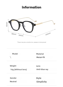 Size chart for Metal-TR anti-blue light glasses showing 58mm width and 145mm temples