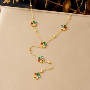 Collier En Forme De Y Avec Fleurs En Strass Colorés Acier Inoxydable Chaîne Longue Gland Bijoux Pour Femmes
