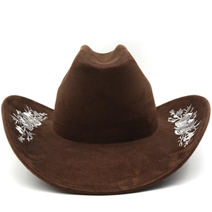 Chapeau De Cowboy Occidental Simili Daim Avec Broderie Florale Large Bord Jazz Fedora Pour Voyages En Plein Air Unisexe