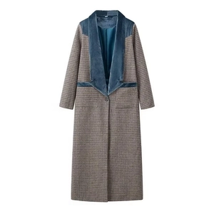 Manteau Long Pour Femmes Motif Pied De Poule Avec Revers En Velours Contrasté Style Britannique Rétro Veste Boutonnée