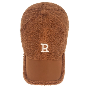 Stylish brown teddy fleece baseball cap with white R embroidery and smooth brim
