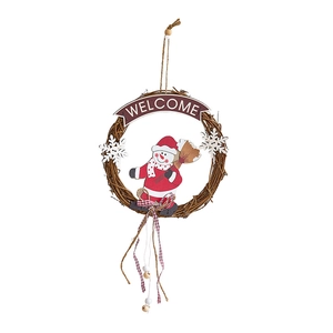 Christmas snowman wreath with natural rattan ring and welcome sign door decoration