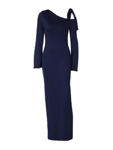 Robe longue élégante bleu foncé à une épaule, manches longues et taille nouée