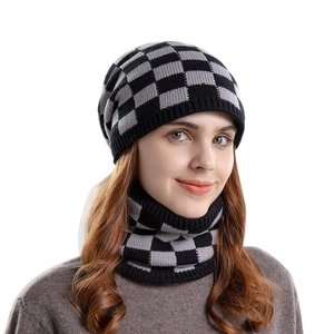 Women's winter knit beanie hat and scarf set with black and grey checkerboard pattern