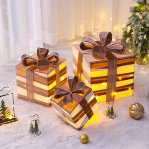 Three-piece set of Nordic Christmas reindeer glowing gift box ornaments with warm LED light