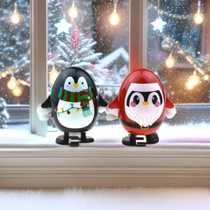 Cute wind-up Santa and Penguin toys on a plush surface with festive window background