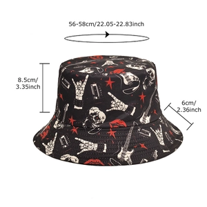 Rock style bucket hat with guitar and gesture print, size 56-58cm for sun protection