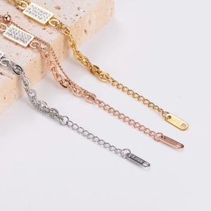 Three-color stainless steel double-layered chain bracelets with zircon plaques on stone