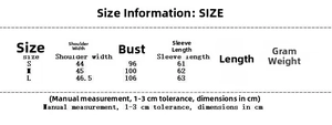 Size chart for vintage printed cotton jacket with detailed measurements and gram weight