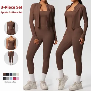 Women's Solid Color Brushed Nylon Spandex Yoga 3-Piece Activewear Set Top And Bottom Gym Fitness Tracksuit Workout Outfit