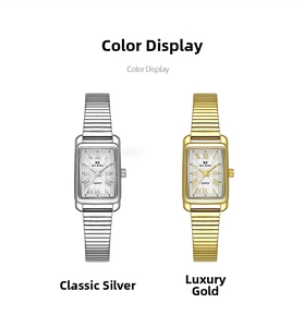 Close-up of rectangular quartz watches in silver and gold with flexible metal bands