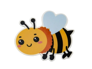 Detailed view of 3D bumblebee candy box decoration with blue heart-shaped wings