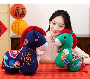 Chinese style plush horse toys with traditional embroidery and tassels for New Year