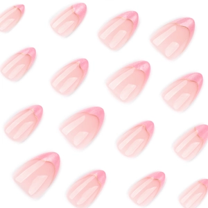 Pink glitter French tip almond press-on nails with minimalist gold line details