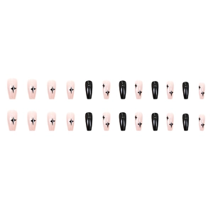 Faux ongles ballerine noirs et roses avec motifs étoiles étincelantes, lot de 24