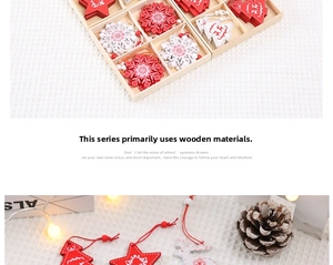 Detail of wooden Christmas ornaments featuring stars, snowflakes, and reindeer in gift box