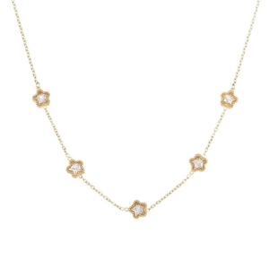 Minimalist gold chain necklace featuring five dainty star charms set with clear zircons