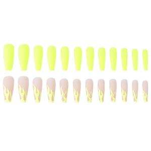 Matte neon yellow flame extra long ballerina press-on nails set with 24 pieces
