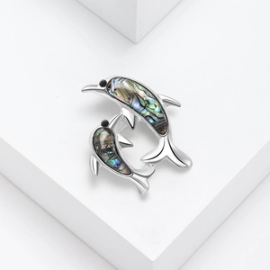 Elegant silver dolphin brooch featuring colorful abalone shell inlay on geometric background