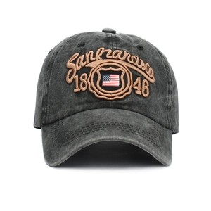 Vintage washed dark grey baseball cap with San Francisco 3D embroidery and USA flag