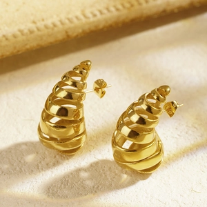 Retro Stainless Steel Croissant Stud Earrings For Women Chunky Spiral Waterdrop Textured Fashion Jewelry