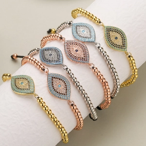 Evil Eye Beaded Bracelet Copper 18K Gold Plated Zircon Adjustable Woven Cord Fashion Jewelry For Women