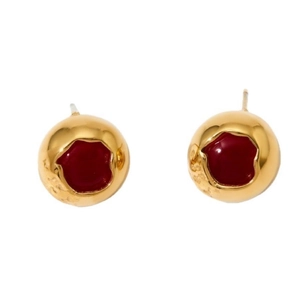 Minimalist round stud earrings in gold with red enamel stone, PVD plated stainless steel