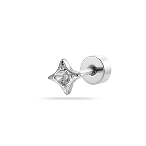 Polished silver four-pointed star screw back stud earring with clear center stone