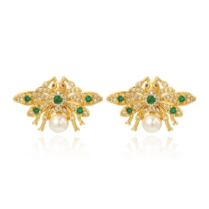 Detail of bee earrings with white pearl and colorful crystals in gold-plated finish