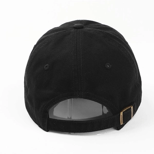 Black cotton baseball cap with adjustable back strap and vintage bronze metal buckle