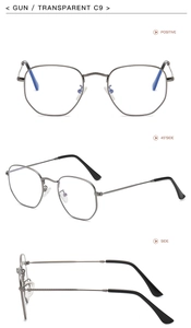 Three-view layout of gunmetal irregular metal eyeglass frame with transparent lenses