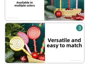 Close-up of colorful Christmas lollipop ornaments with red and gold spiral textures