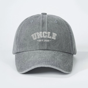 Vintage grey washed cotton baseball cap with white UNCLE 2025 embroidery and adjustable strap