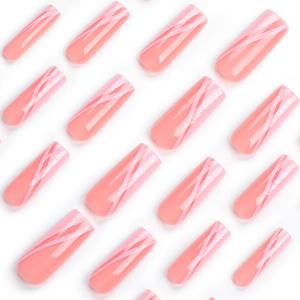 Pink and white glitter line long coffin press-on nails set with silver shimmer