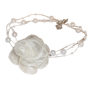 Elegant white mesh rose choker necklace with multi-layer pearls for women's vintage style