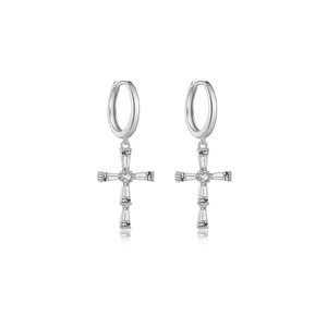 Detail of S925 sterling silver cross earrings featuring cubic zirconia and mirror reflection