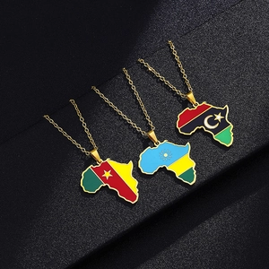 Detailed view of African map necklaces with colorful enamel national flag designs