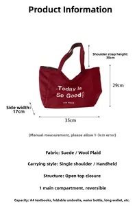 Detail view of large red suede and plaid wool tote bag showing size specs and capacity